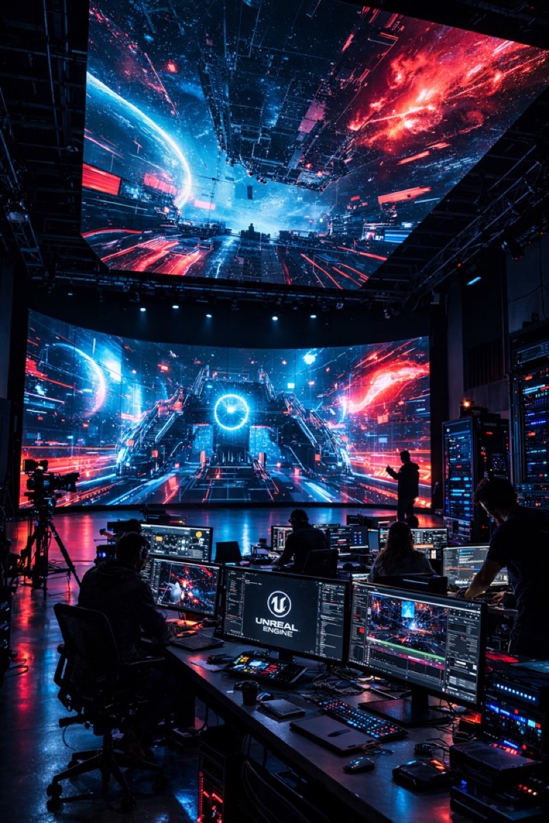 Sala de control con Unreal Engine y escena de ciencia ficción